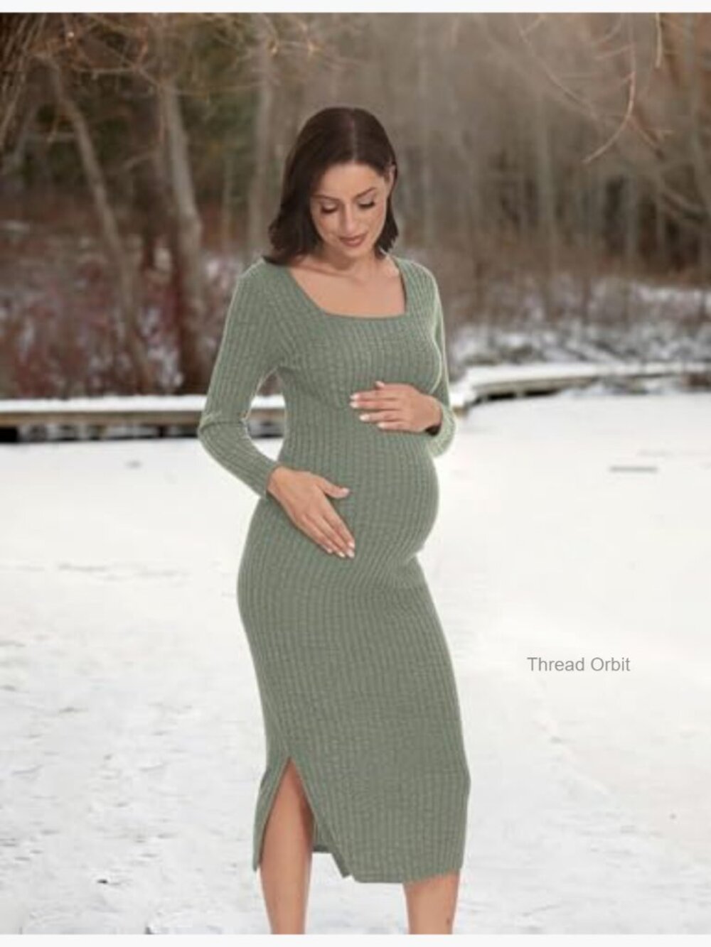 Long Sleeve Maternity Sweater Dress, Knit Ribbed Bodycon Dress for Fall Winter - Picture 5 of 7